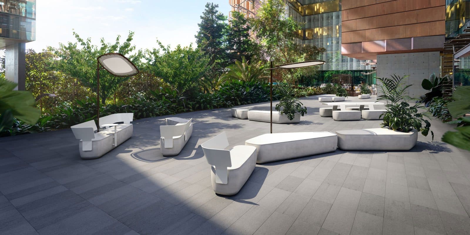 Designed by Adam Goodrum for Tait the Scape Island - a modular concrete planter seat - is designed to encourage moments of respite.