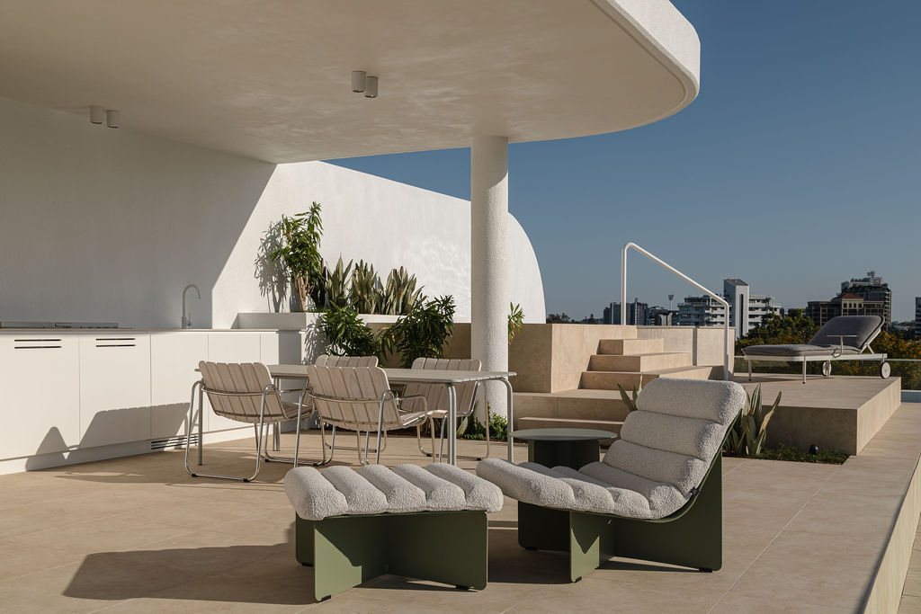 Voom lounger and ottoman on rooftop of Chalk by Graya multi residential development