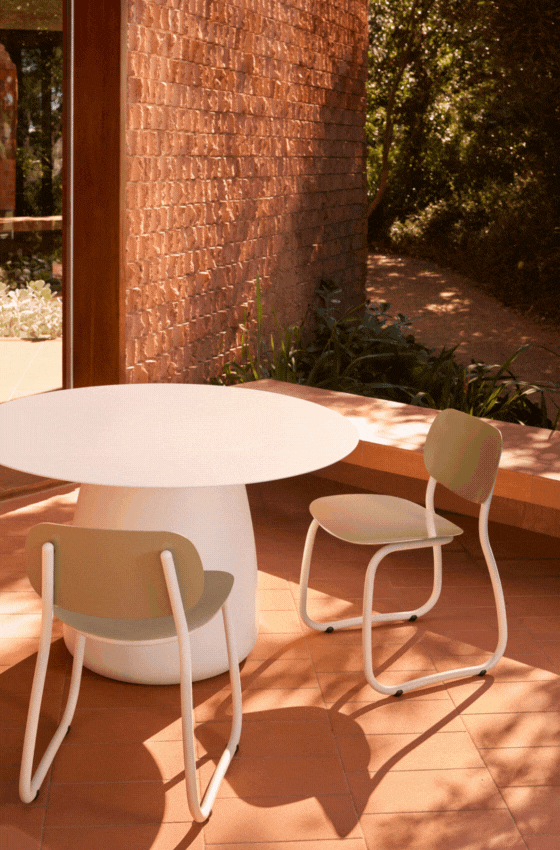 Correa Table by Tait showing tabletop variations with planter, ice bucket and turntable platter